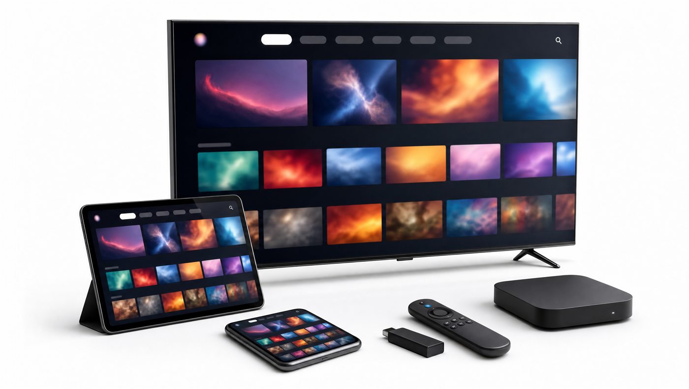 Smart TV, tablette, smartphone et cle HDMI affichant une interface de streaming