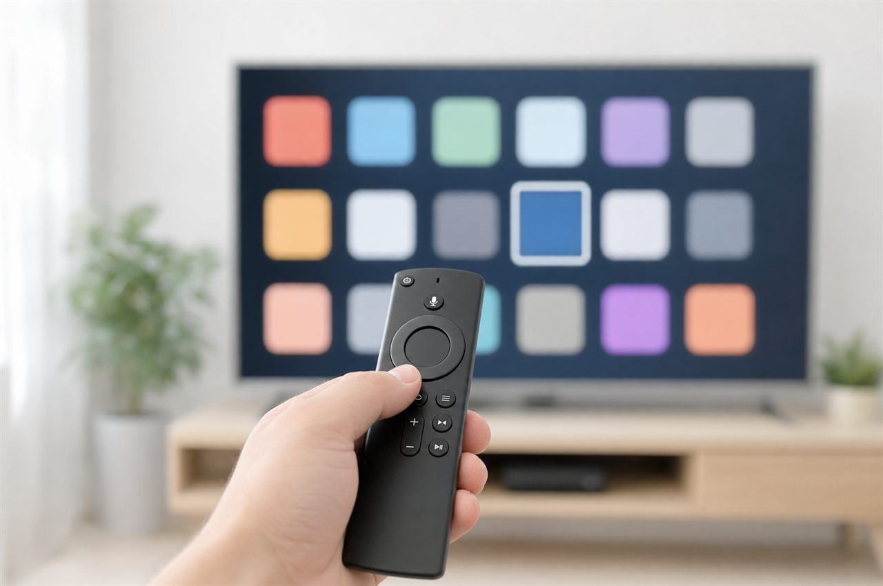 Main tenant une telecommande devant un televiseur affichant la boutique d'applications