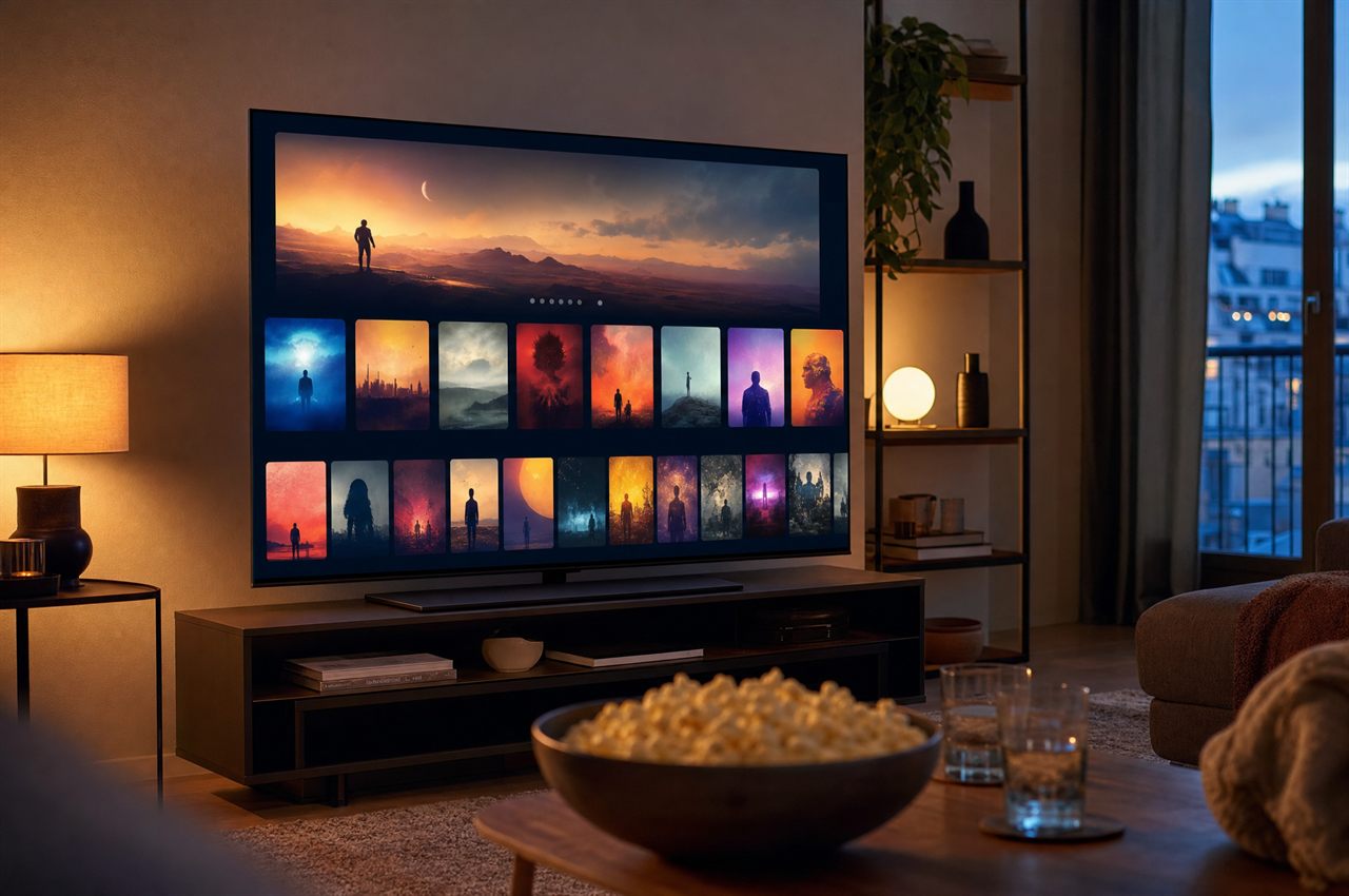 Televiseur affichant une mediatheque de films et de series dans un salon en soiree