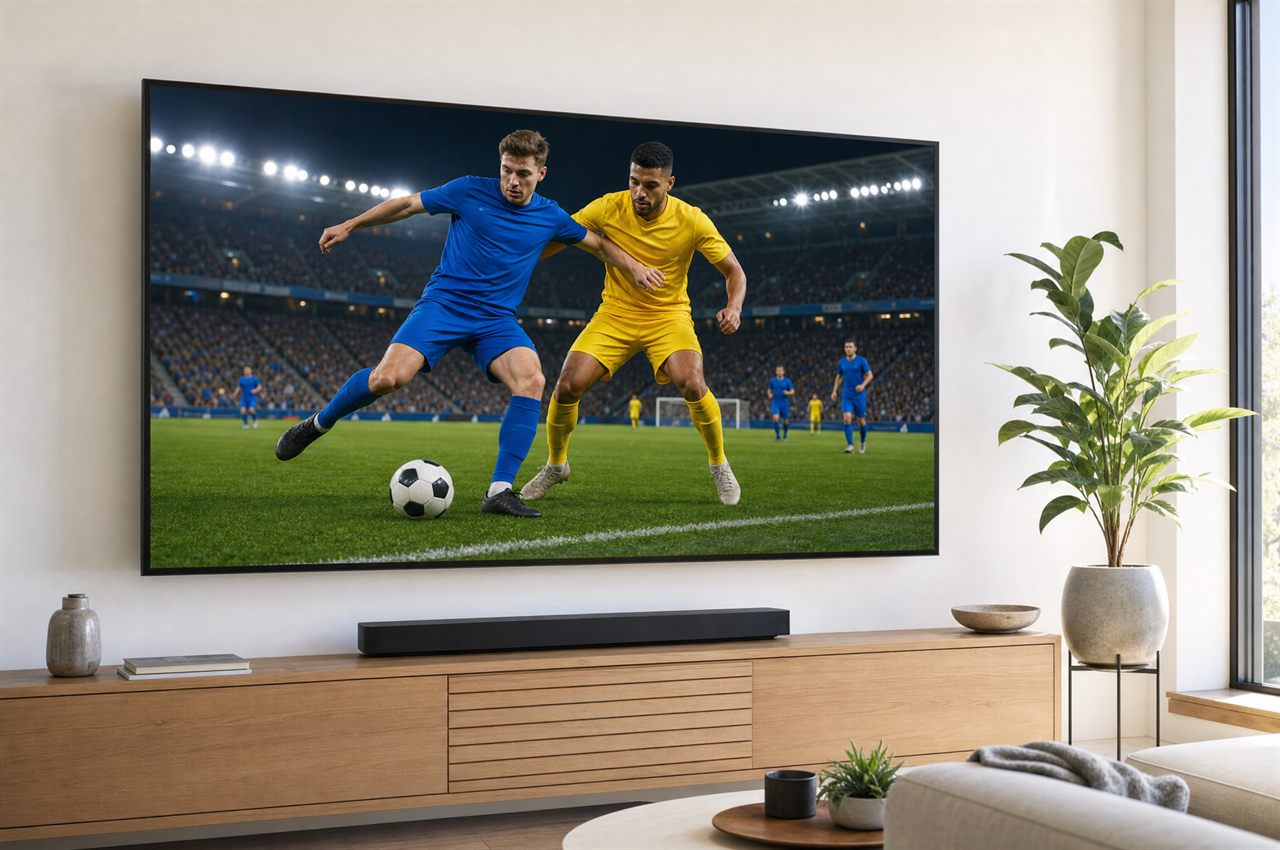 Televiseur mural diffusant un match de football en soiree dans un salon lumineux