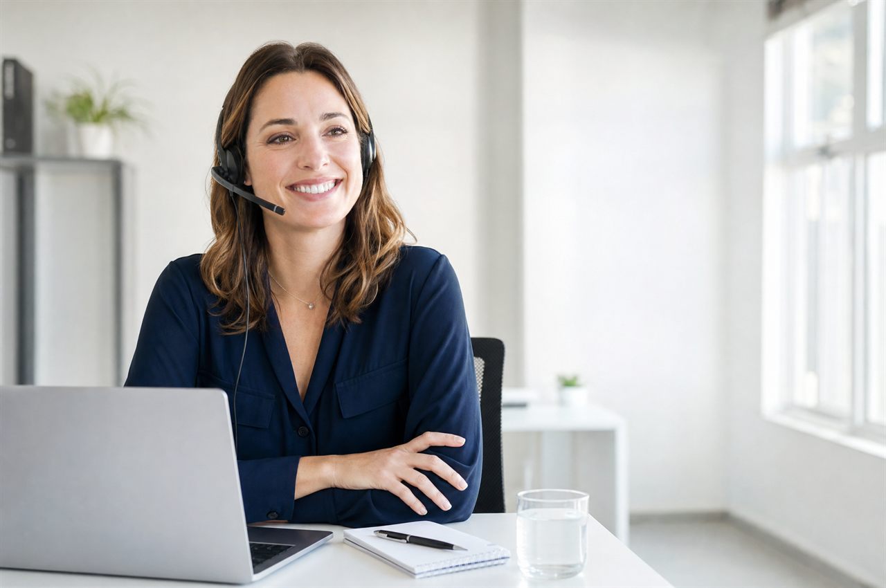 Conseillere du support client IPTV France avec un casque telephonique dans un bureau lumineux